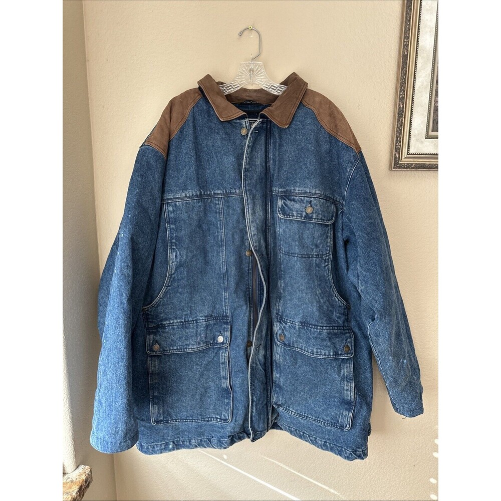 Hunt Club Blue Denim Leather Blanket Lined Chore Barn Coat Men’s Size XL-Tall